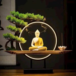 Kệ Đèn LED Tiểu Cảnh Tượng Phật Tọa Thiền Cây Tùng